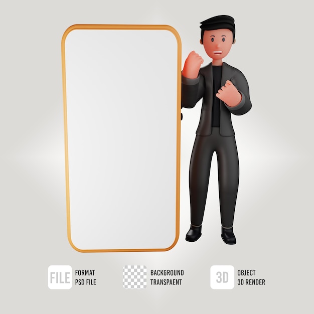 PSD 3d male business character fighting spirit with hand phone icon