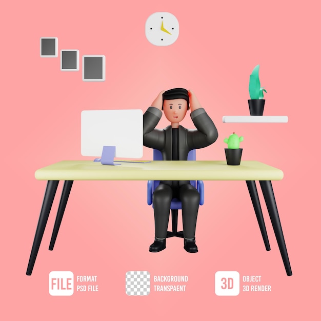 3d male business character shocked pose in office room