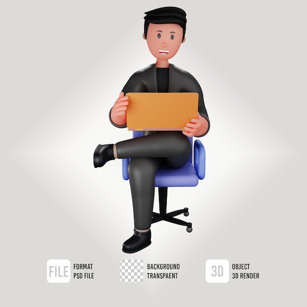 PSD 3d male business character sitting on the chair playing the laptop