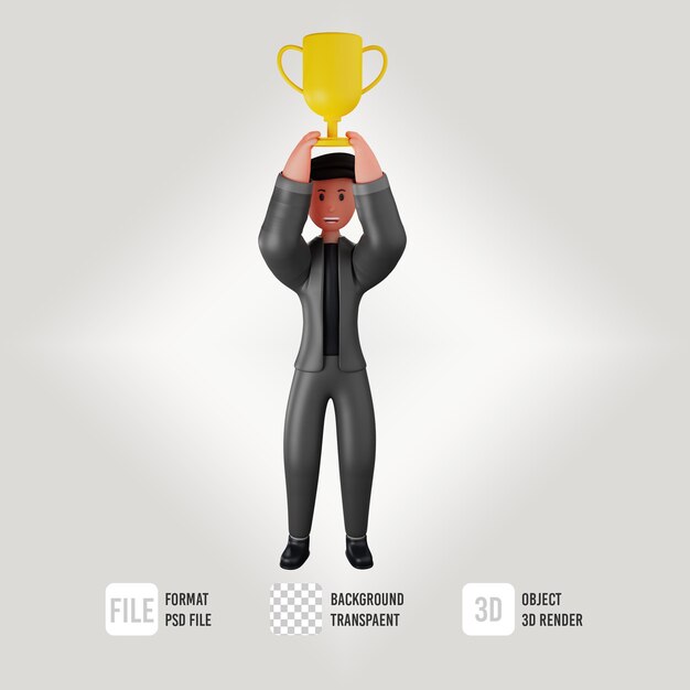 PSD 3d male business character sitting lifting trophy icon