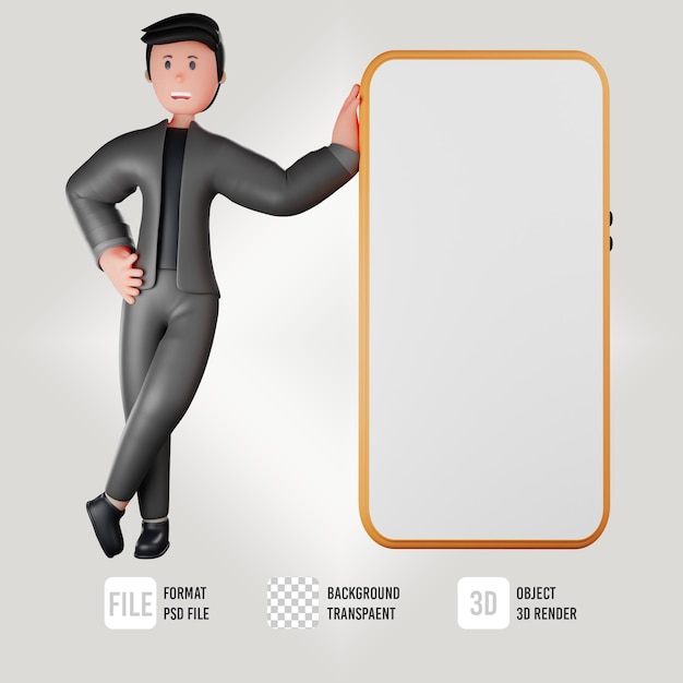 PSD 3d male business character stand over wall with hand phone icon