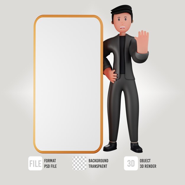 PSD 3d male business character stop pose with hand phone icon