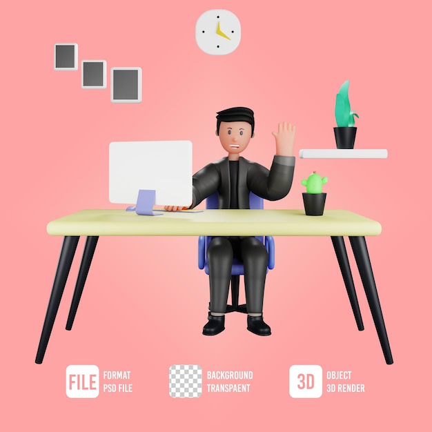 PSD 3d male business character waving hand pose in office room