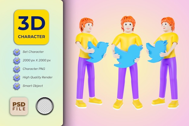 3d иллюстрация персонажа мужского мультфильма с логотипом twitter