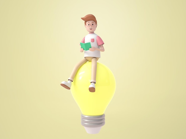 PSD 3d male cartoon character sitting on a light bulb. isolated background.