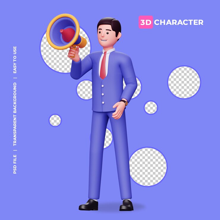 3d male character announce with megaphone