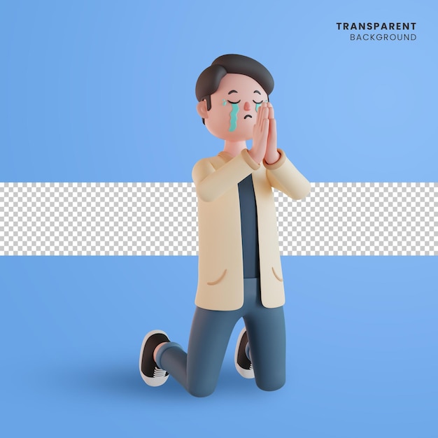 PSD 3d male character asking for forgiveness while crying