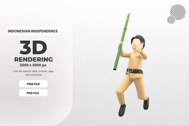 PSD 3d male character celebrating indonesian independence with bamboo illustration premium psd