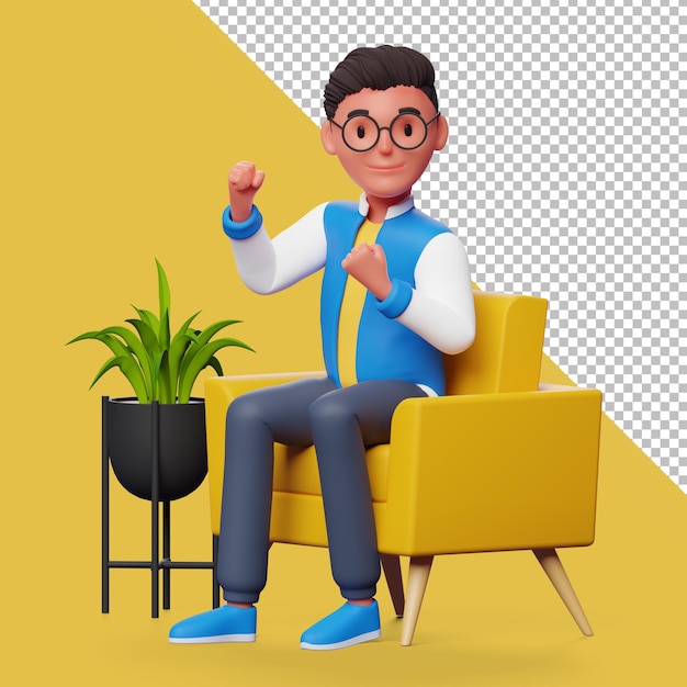 3d male character celebrating success while sitting in chair