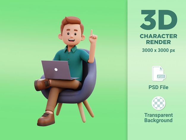 PSD 3d male character get an idea while sitting on a sofa and working on a laptop