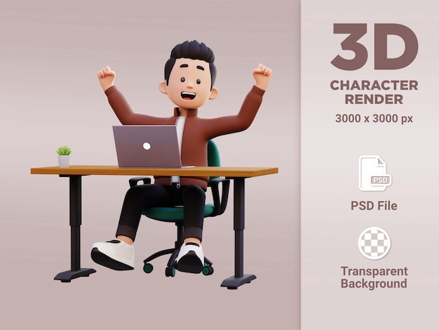 3 d の男性キャラクターがラップトップで幸せに働いています