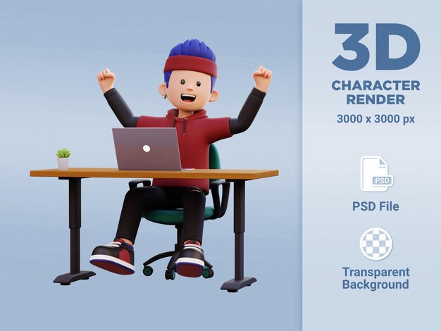 3 d の男性キャラクターがラップトップで幸せに働いています