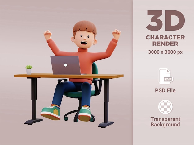 3 d の男性キャラクターがラップトップで幸せに働いています