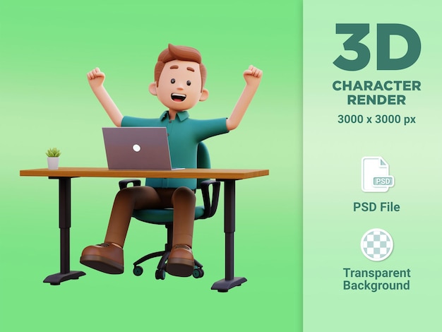 3d male character happy working on a laptop