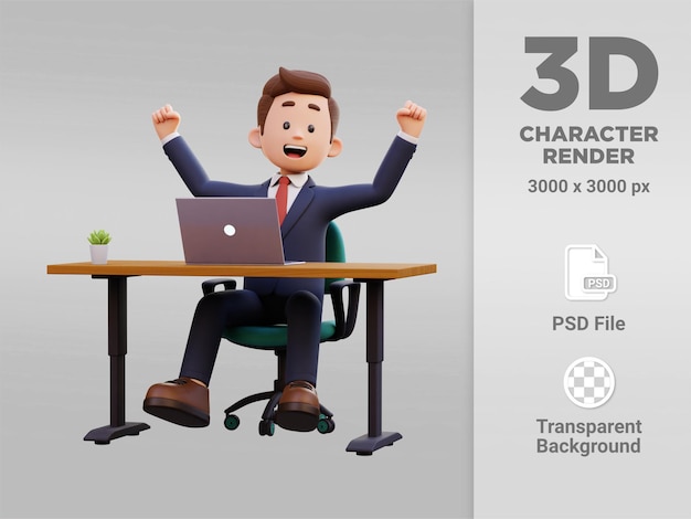 3d male character happy working on a laptop