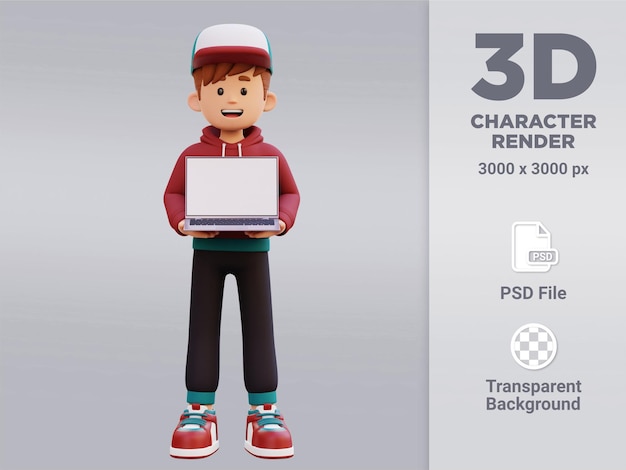 3d male character holding and presenting a laptop with empty screen