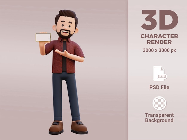 PSD 3d персонаж мужского пола, держащий и представляющий смартфону с пустым экраном в ландшафте