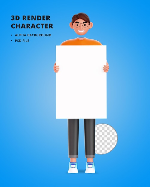 3D male character holding blank placard