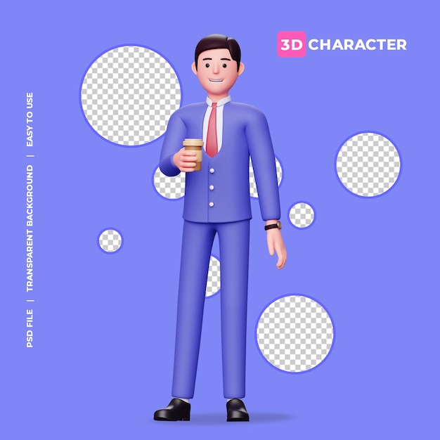 透明な背景とコーヒーのカップを保持している3d男性キャラクター