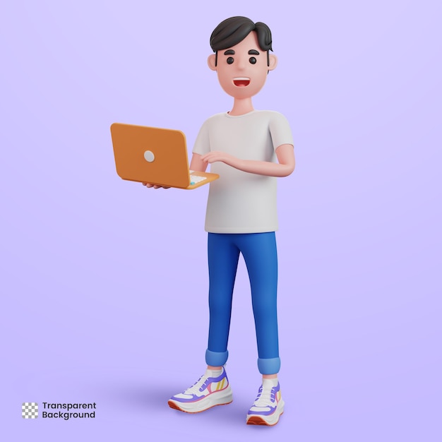 3d male character holding laptop