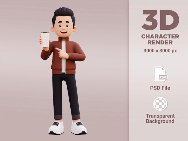 Personaggio maschile 3d che tiene e indica uno smartphone con schermo vuoto