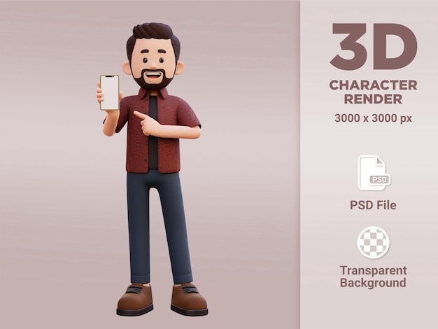 3d male character holding and pointing to a smart phone with empty screen