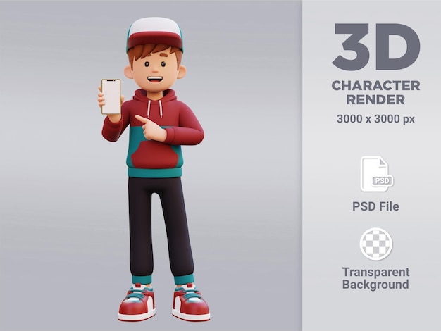 3d male character holding and pointing to a smart phone with empty screen
