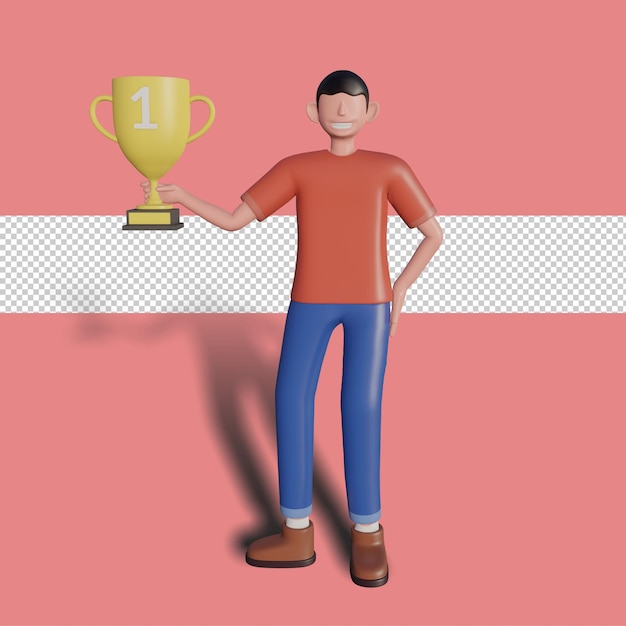 Personaggio maschile 3d che tiene un trofeo. psd premium