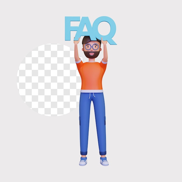 3d male character holding up a faq icon