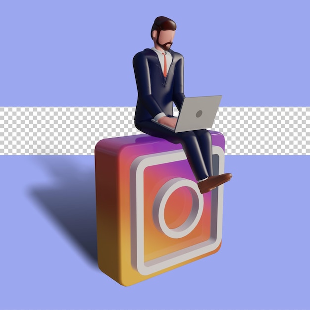 PSD il personaggio maschile 3d sta digitando sul computer portatile e si siede sul logo di instagram.