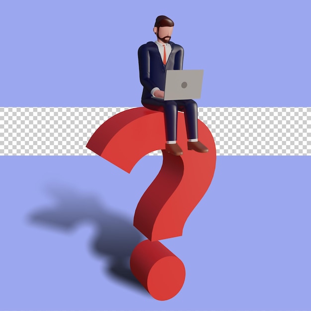 PSD 3d male character is typing and sitting on a question mark.