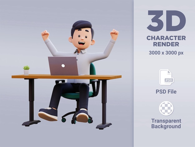 3D Male Character Joyfully Engaged in Work on a Laptop