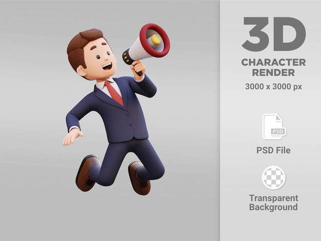 3d male character jumping and holding a megaphone