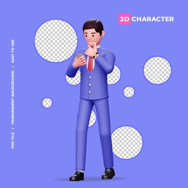 PSD 3d male character look at his phone with transparent background