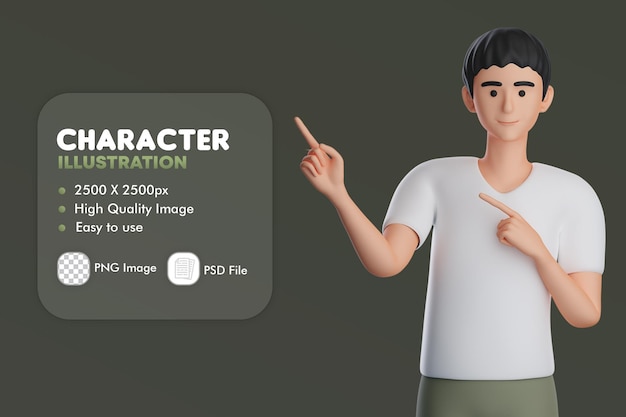 3d male character pointing at left side use both hand