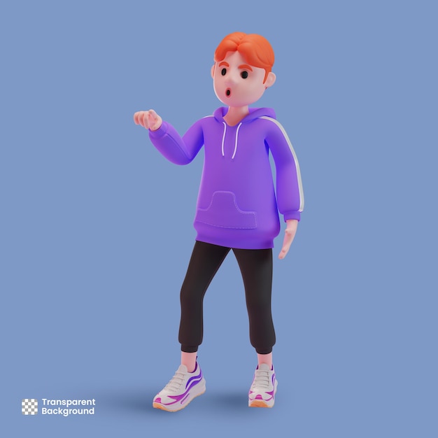 3d male character points his finger and surprised