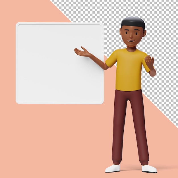 PSD 3d male character presenting on a board