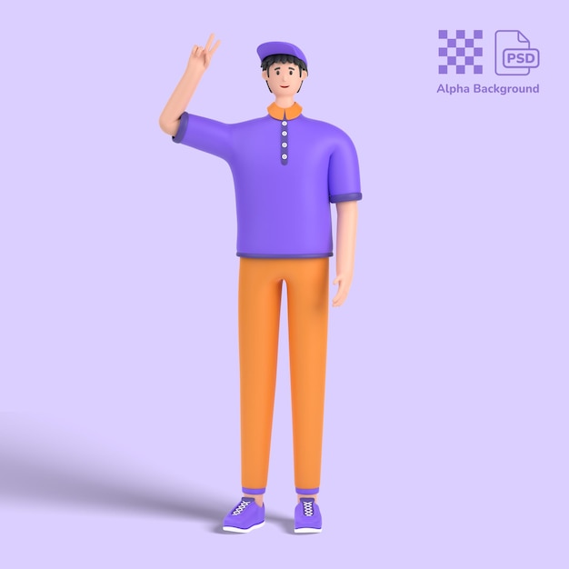 3d male character showing and pointing up with fingers number two victory sign