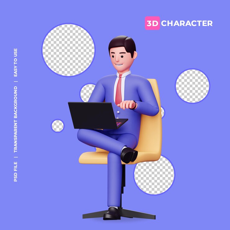 3d male character sitting on chair with laptop