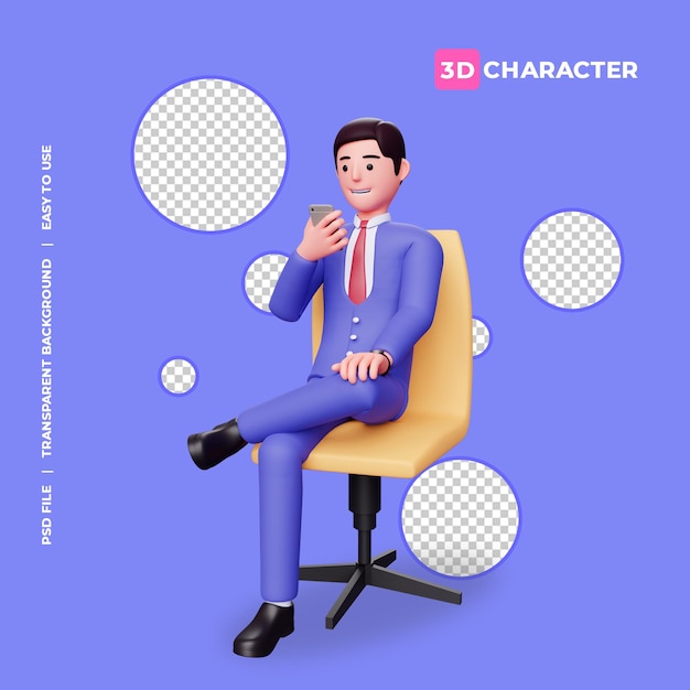 PSD 3d male character sitting on chair with transparent background