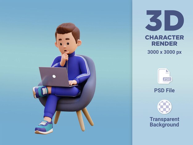 3d male character sitting on a sofa and working on a laptop with thinking pose