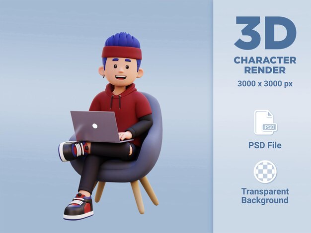 3d male character sitting on a sofa and working on a laptop