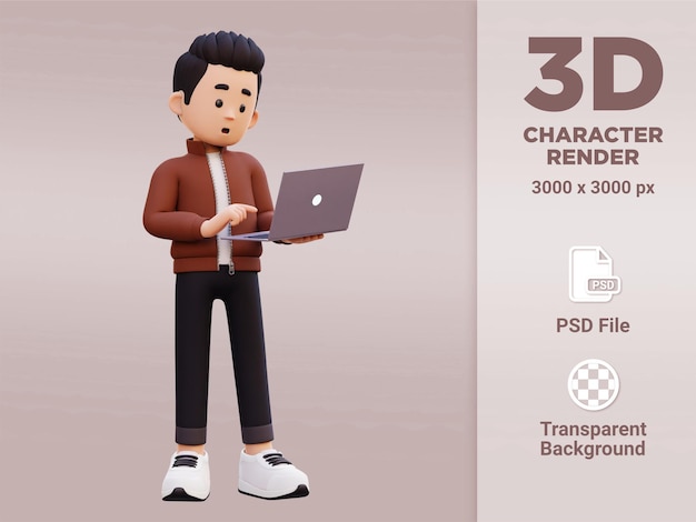 混乱して立っている 3 d の男性キャラクターがラップトップで作業しています