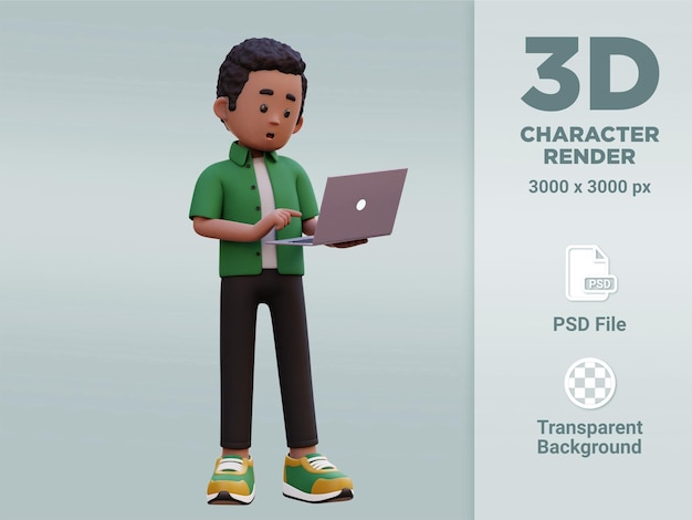 3d male character standing confused working on a laptop