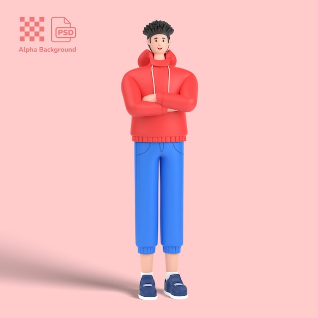 PSD 3d male character standing and thinking with arms crossed pose