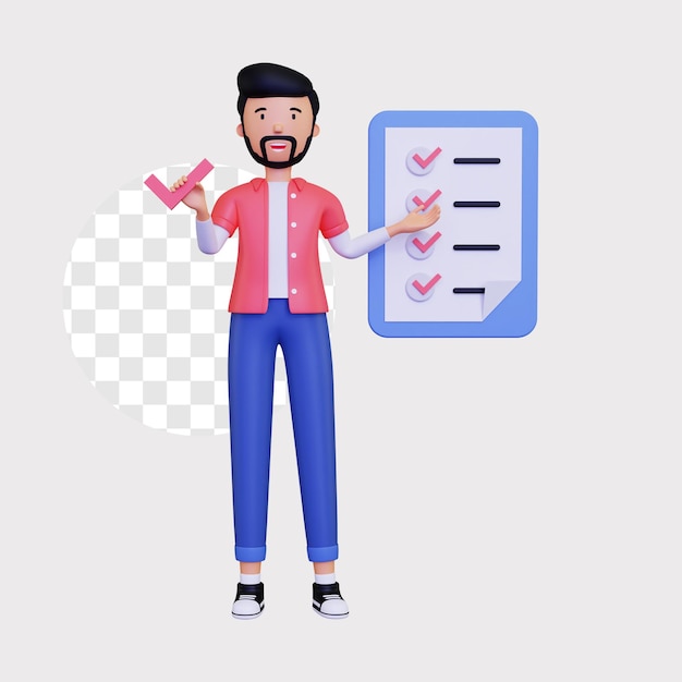 3d male character stands up and displays a sample checklist