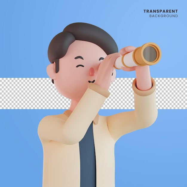 単眼鏡を使用した3d男性キャラクター