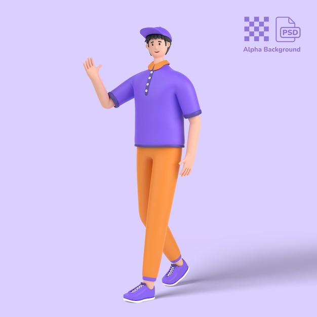 3d male character walking go waving hand say hello