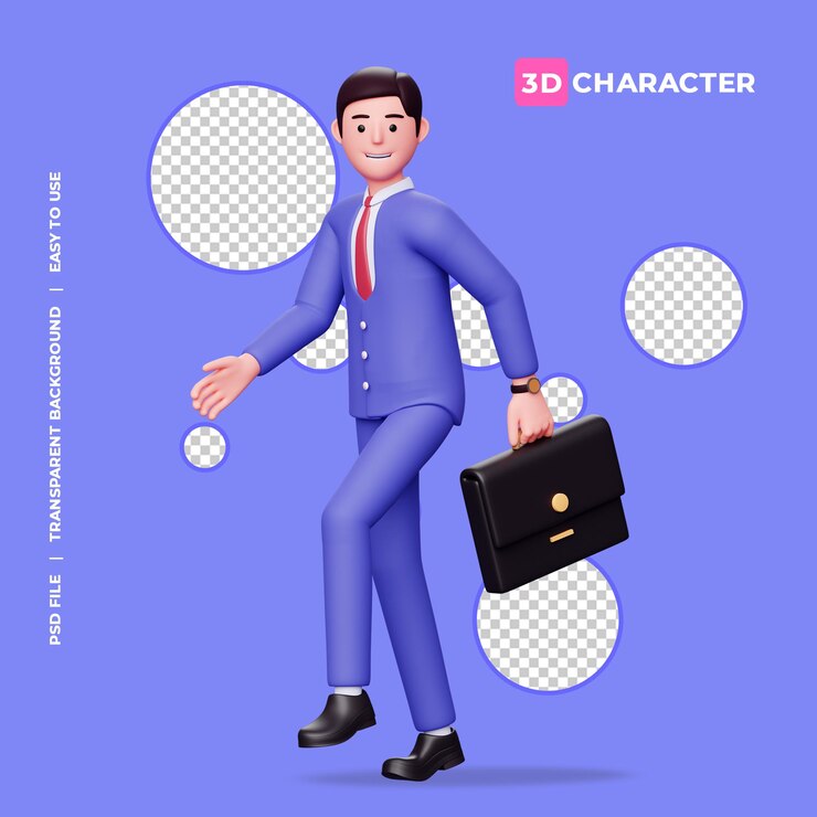 3d male character walking in happiness with briefcase