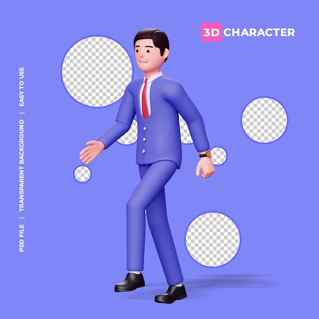 透明な背景で歩く3d男性キャラクター